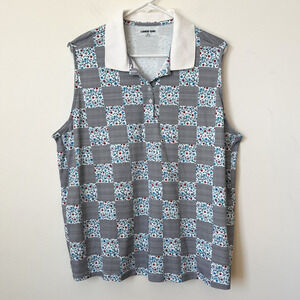 Lands’ End 2X Sleeveless Polo Shirt Patchwork Mixed Print Womens Blue Summer